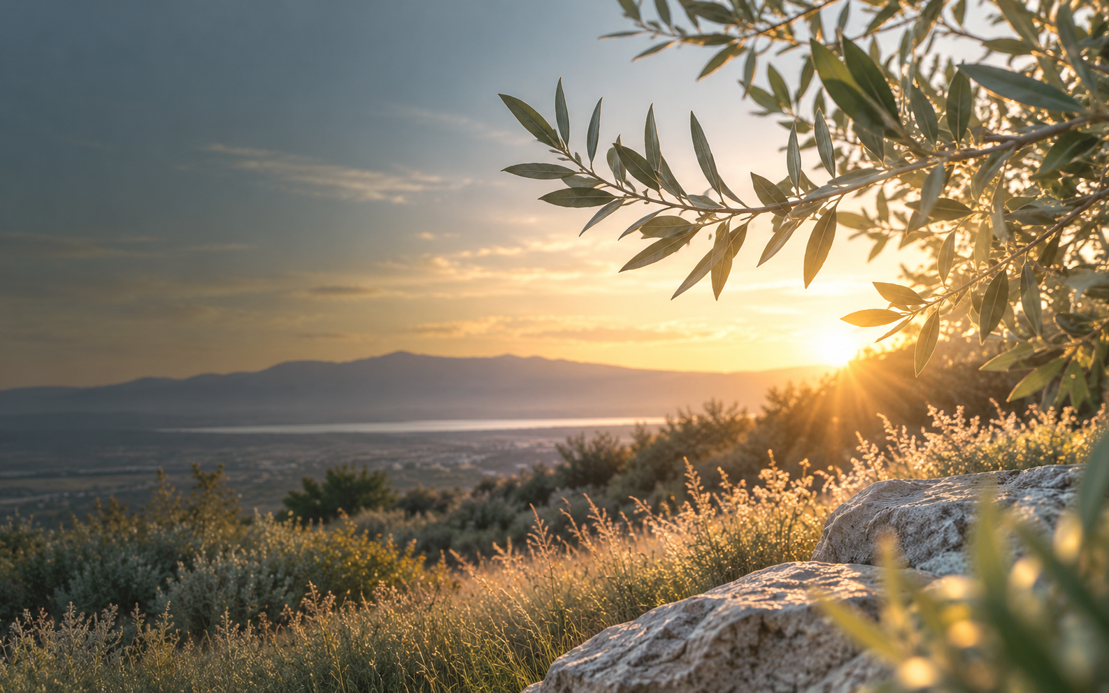 Golden morning light over peaceful hills, framed by olive branches